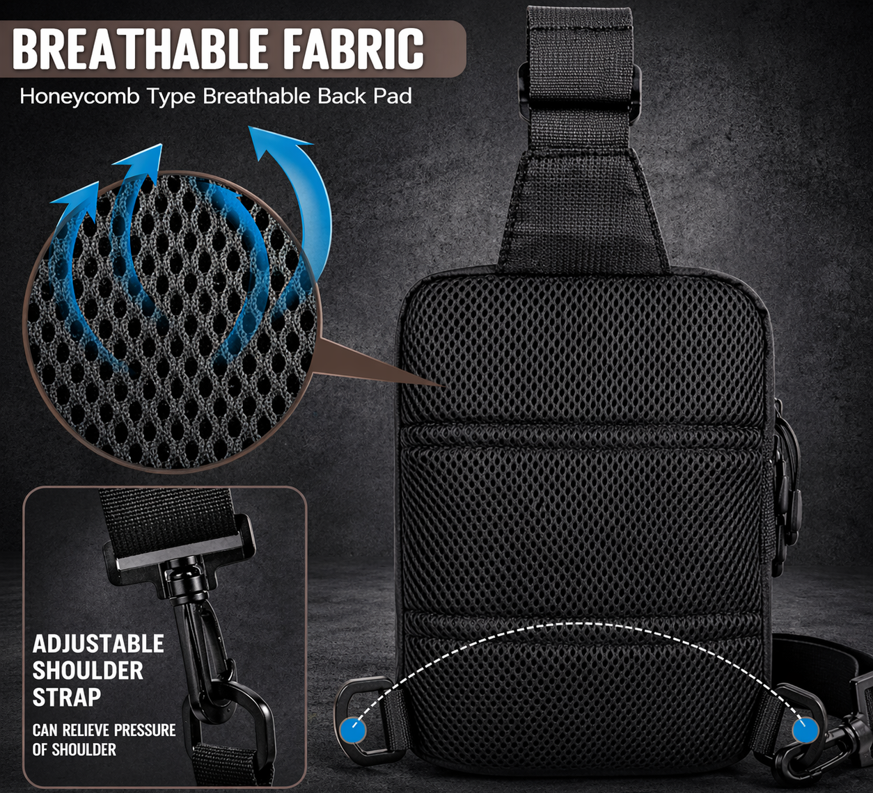 EDC sling bag with breathable mesh back panel and adjustable shoulder strap on dark background