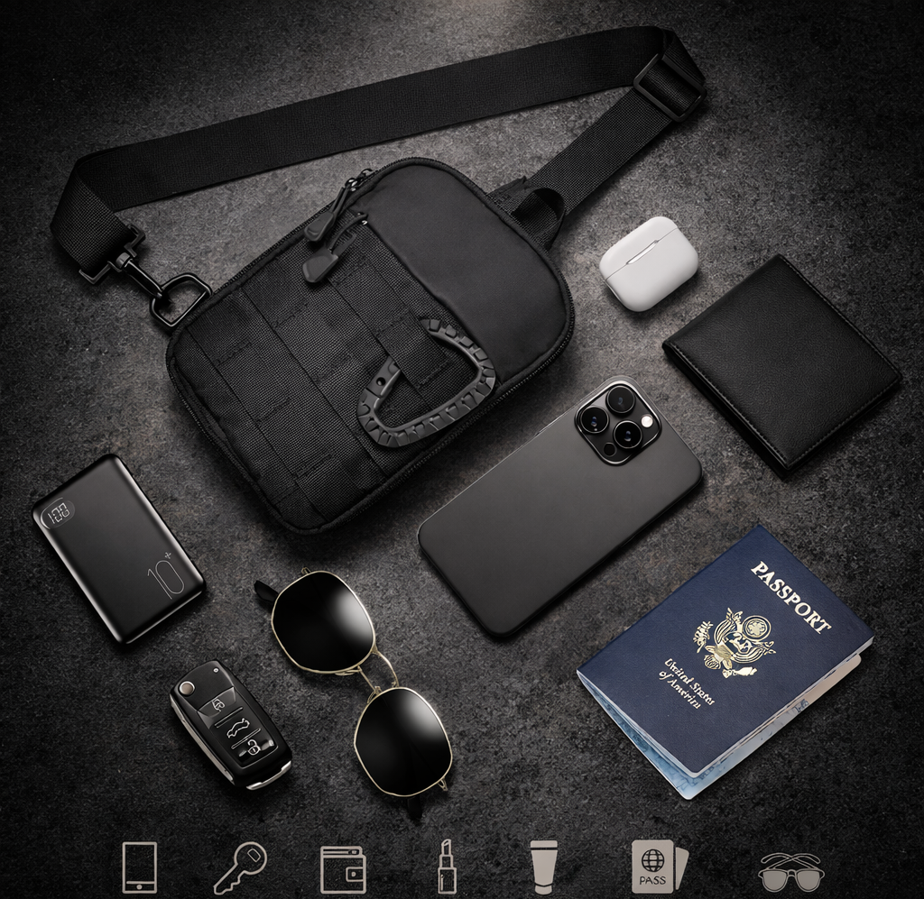 EDC sling bag with everyday carry items including phone, wallet, passport, keys and accessories on dark background