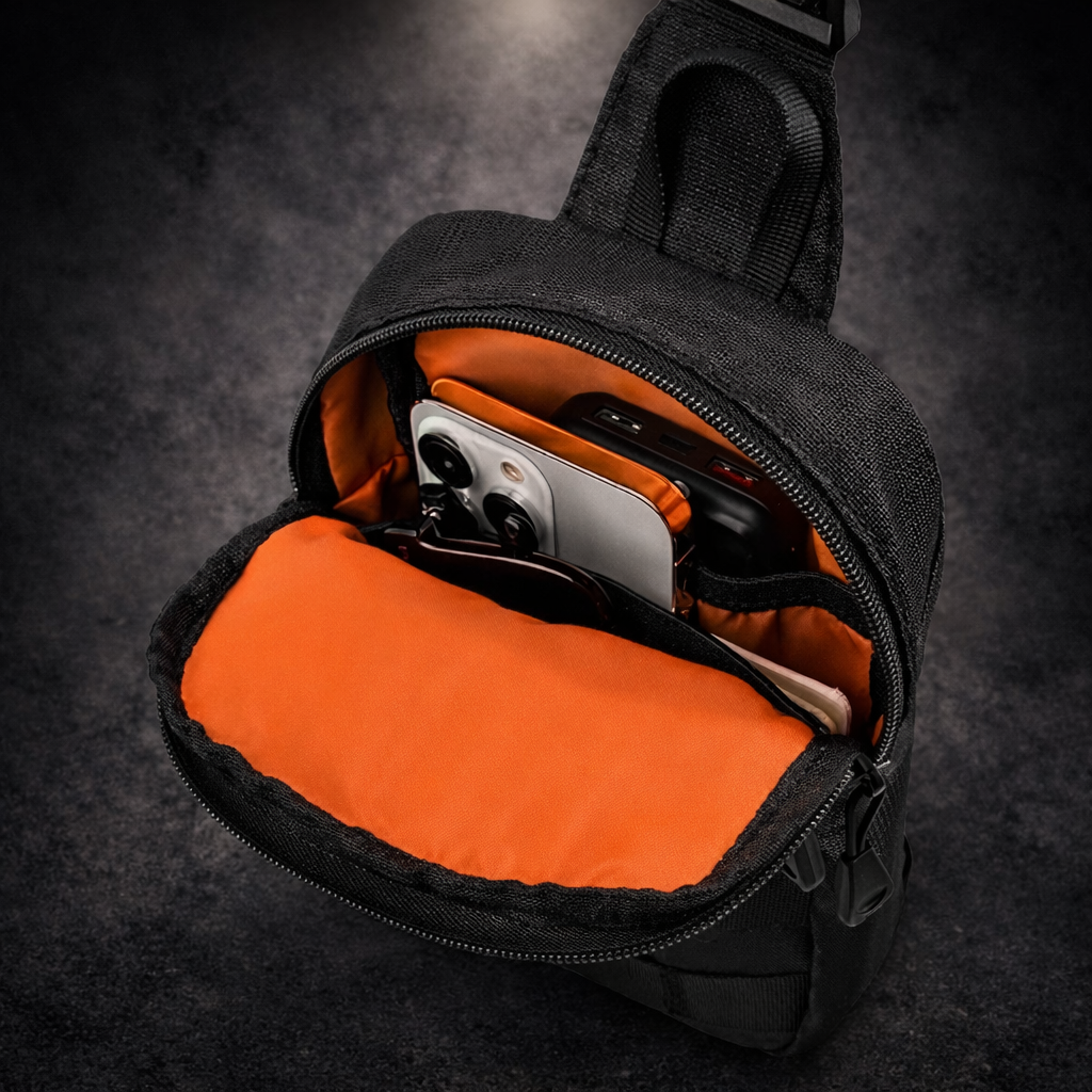 EDC sling bag open showing orange interior lining with organised compartments and phone storage