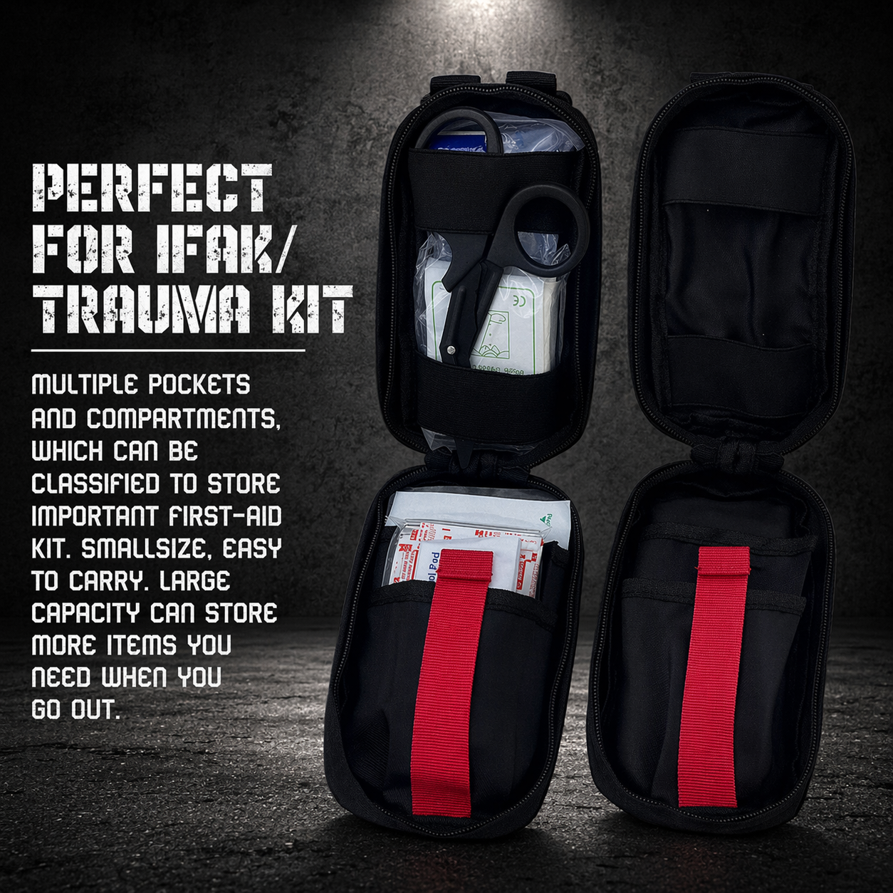 EMT IFAK pouch open showing internal compartments, elastic loops and organised medical storage