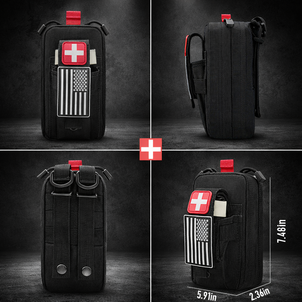 EMT IFAK pouch shown from multiple angles with dimensions and MOLLE attachment system