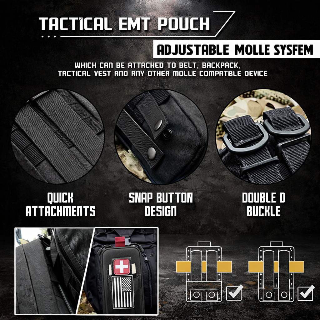 EMT pouch with adjustable MOLLE attachment system, snap button straps and D-buckle mounting