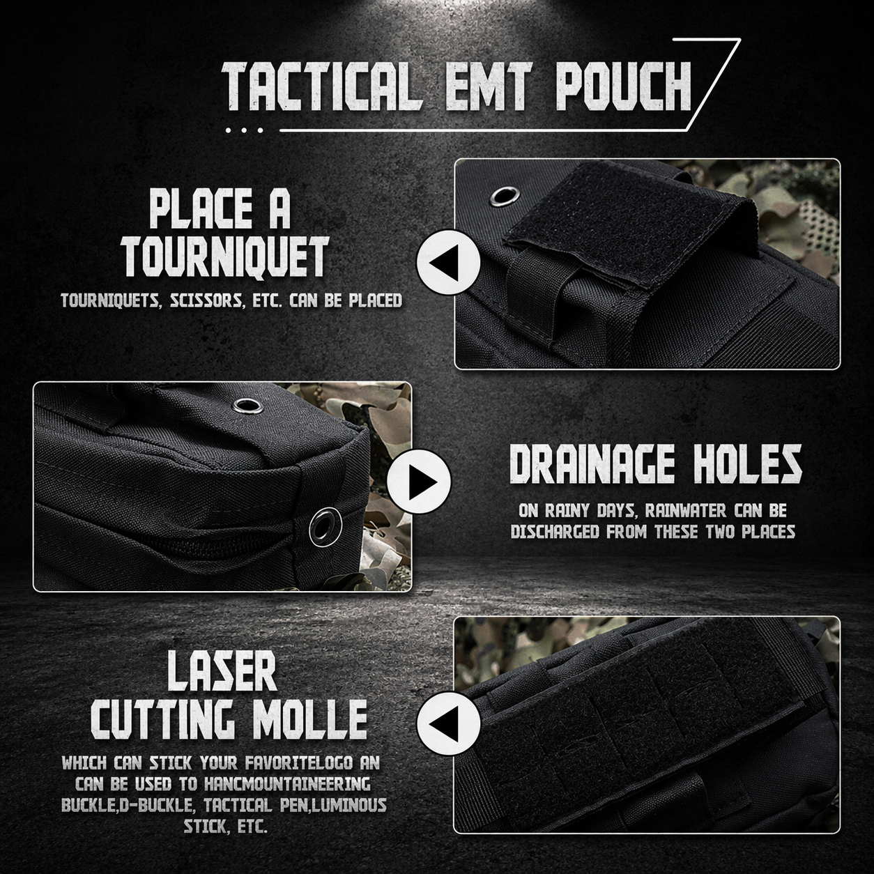 EMT pouch showing storage space for tourniquet and tools with drainage holes and laser cut MOLLE panel