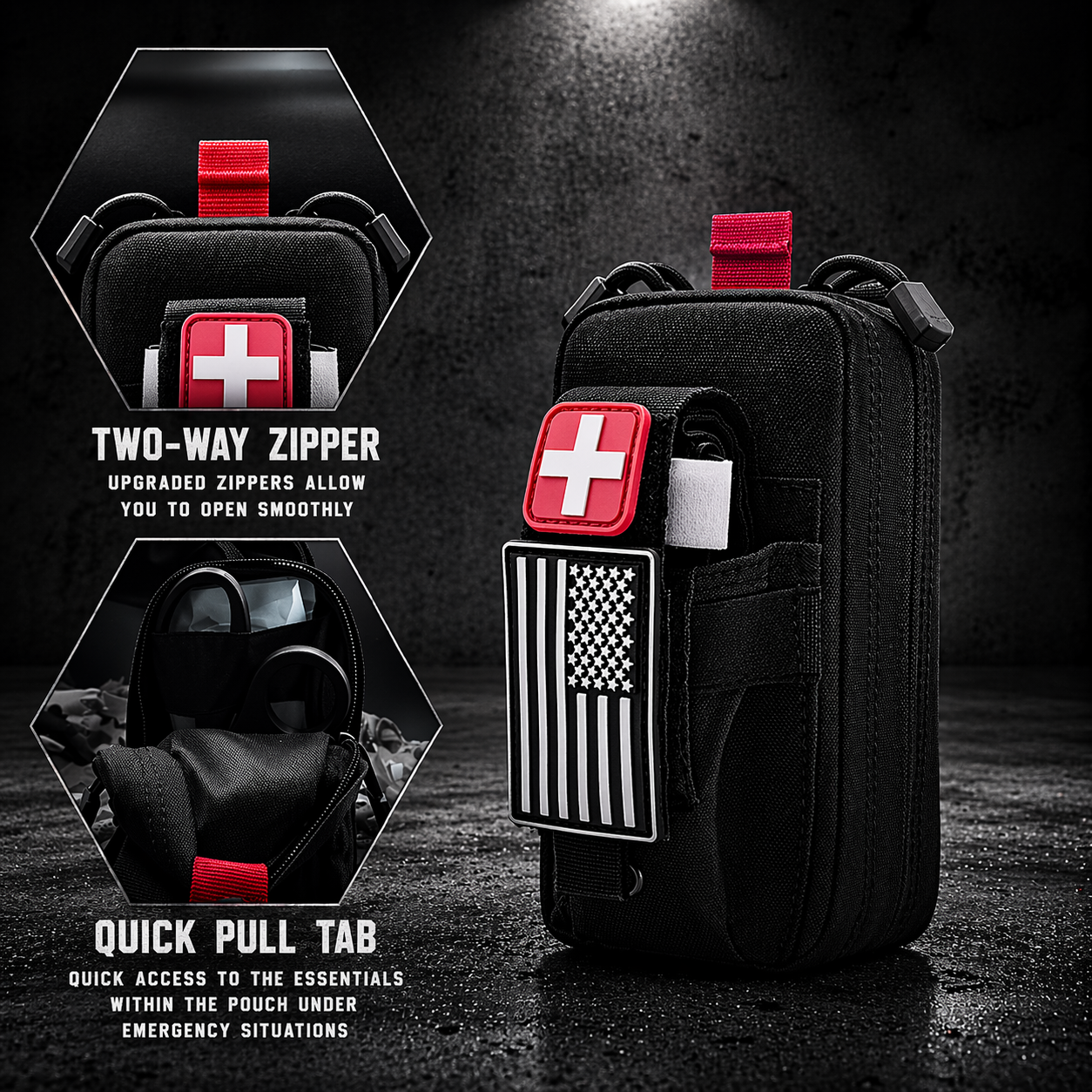 IFAK pouch with two way zipper and quick pull tab for fast emergency access