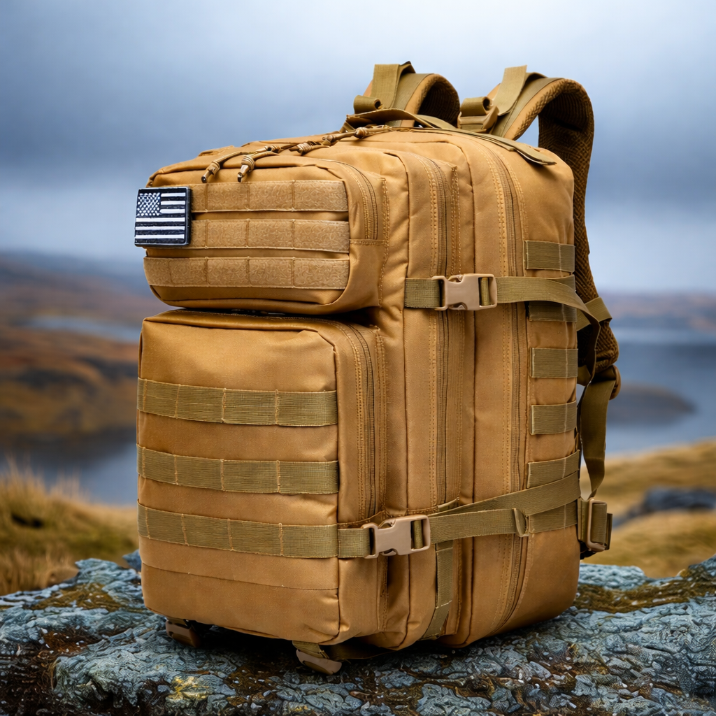 tan molle tactical backpack outdoor hiking edc pack on rocky terrain
