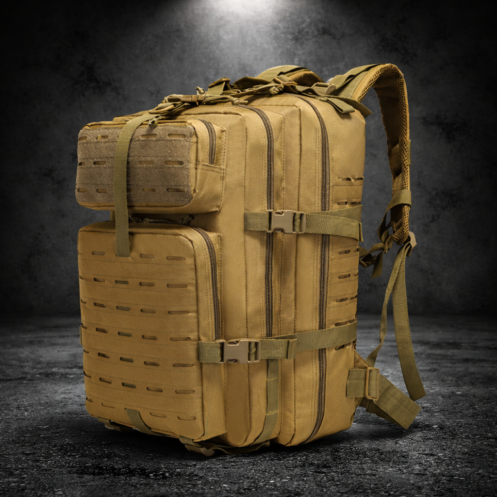 tan molle tactical backpack military style edc pack operator supply angled view