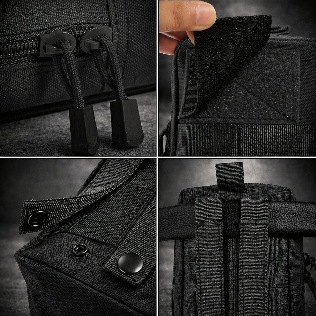 tactical molle pouch close up details zipper pulls velcro panel snap buttons attachment system