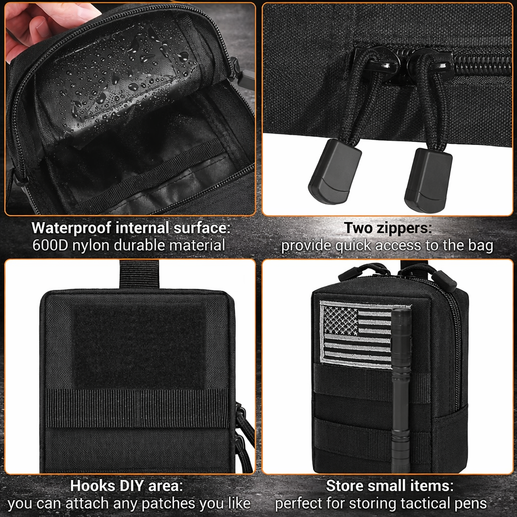 tactical molle pouch features waterproof interior dual zippers patch panel edc storage