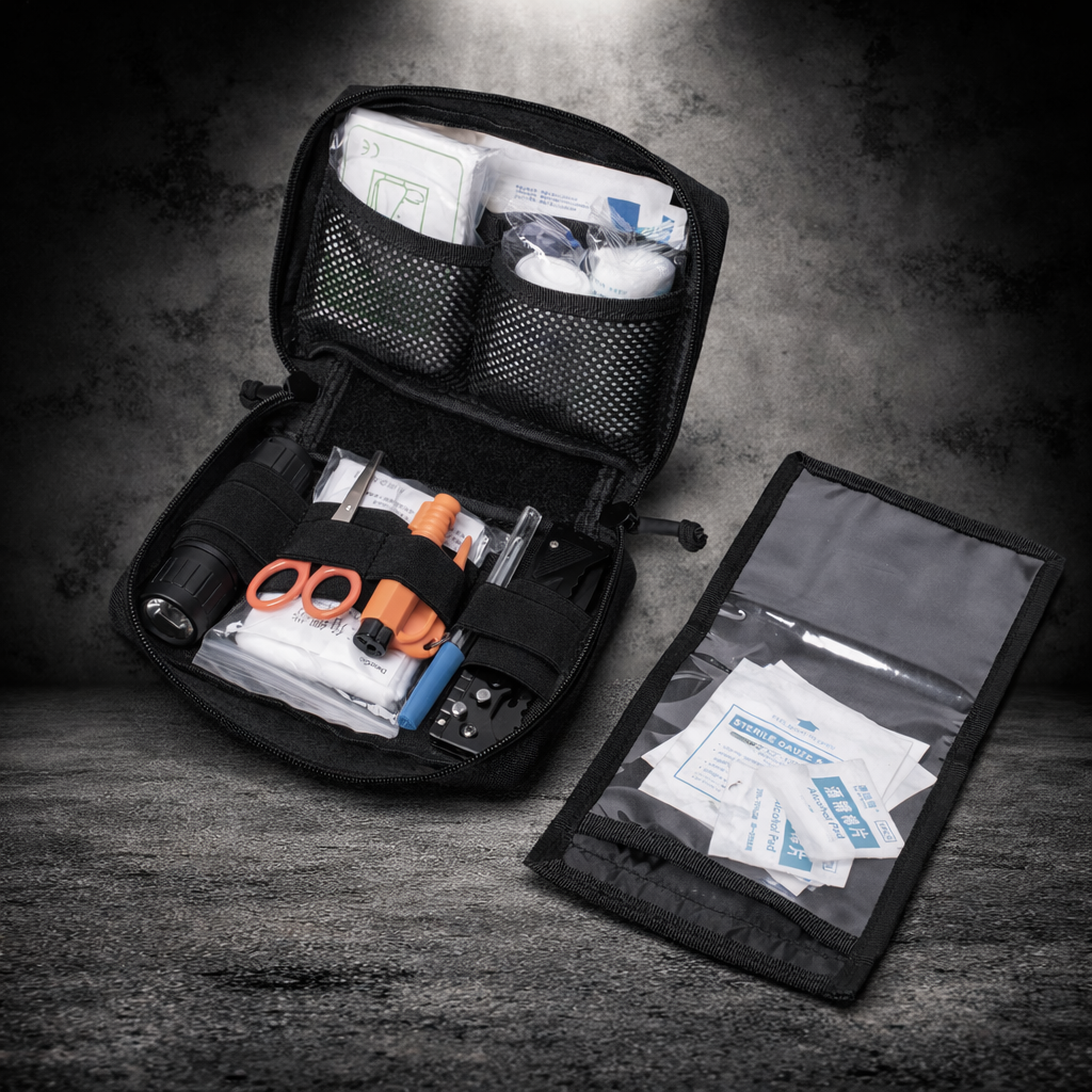 open tactical molle medical pouch with organized first aid supplies ifak