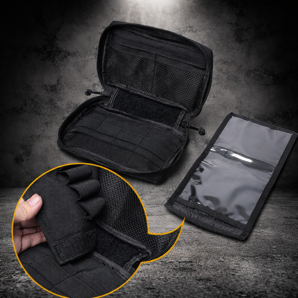 open tactical molle medical pouch with internal compartments and storage pockets