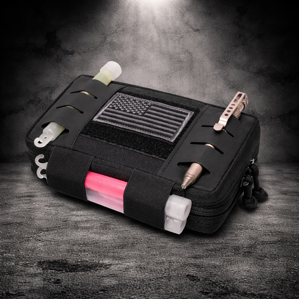 tactical molle pouch with external straps holding tools edc utility setup