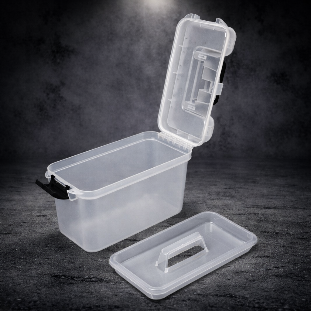 Tactical ammo storage box opened showing internal compartments and removable tray