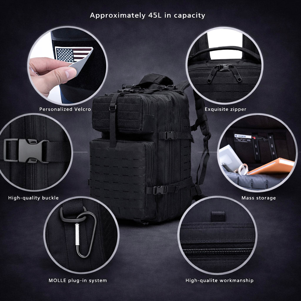 45L tactical backpack with MOLLE system, multiple compartments, and durable hardware