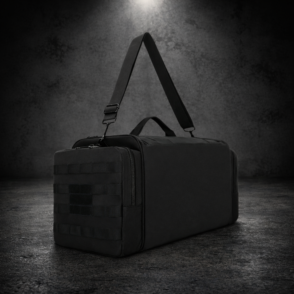 Tactical duffel bag shown in angled view with adjustable shoulder strap and large capacity design