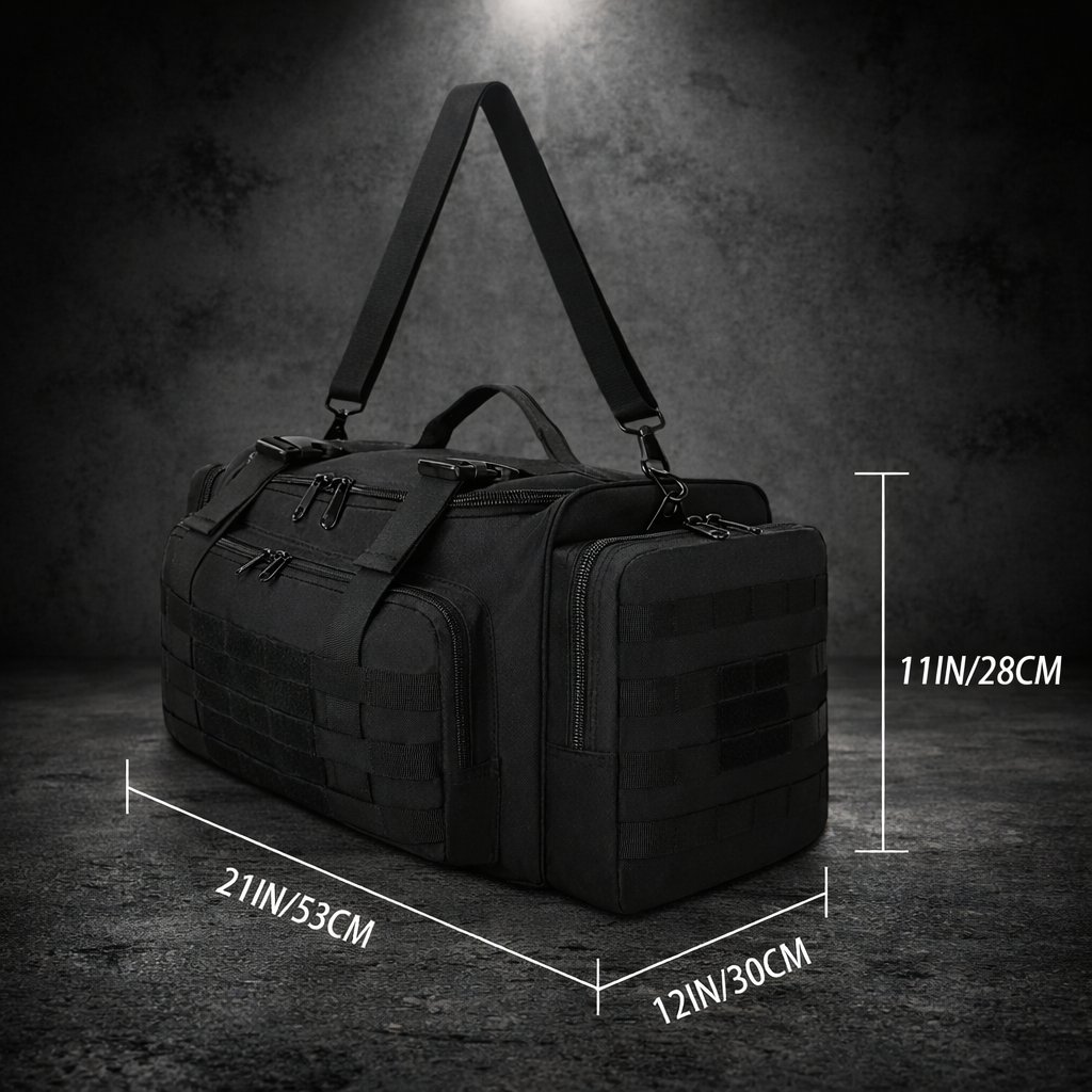Tactical duffel bag showing dimensions and size for storage capacity with MOLLE webbing