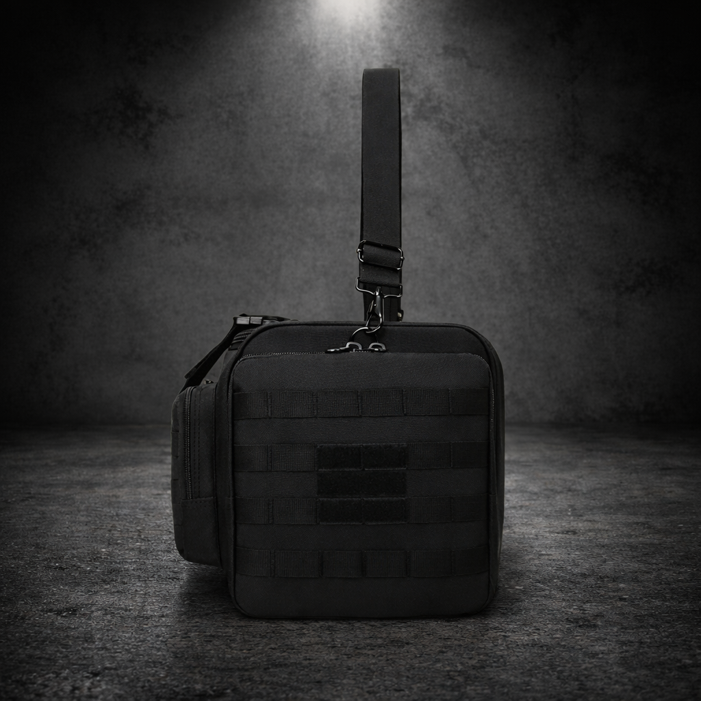 End view of tactical duffel bag with MOLLE panel and adjustable shoulder strap