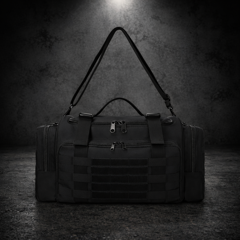 Front view of tactical duffel bag with MOLLE webbing and shoulder strap on dark background