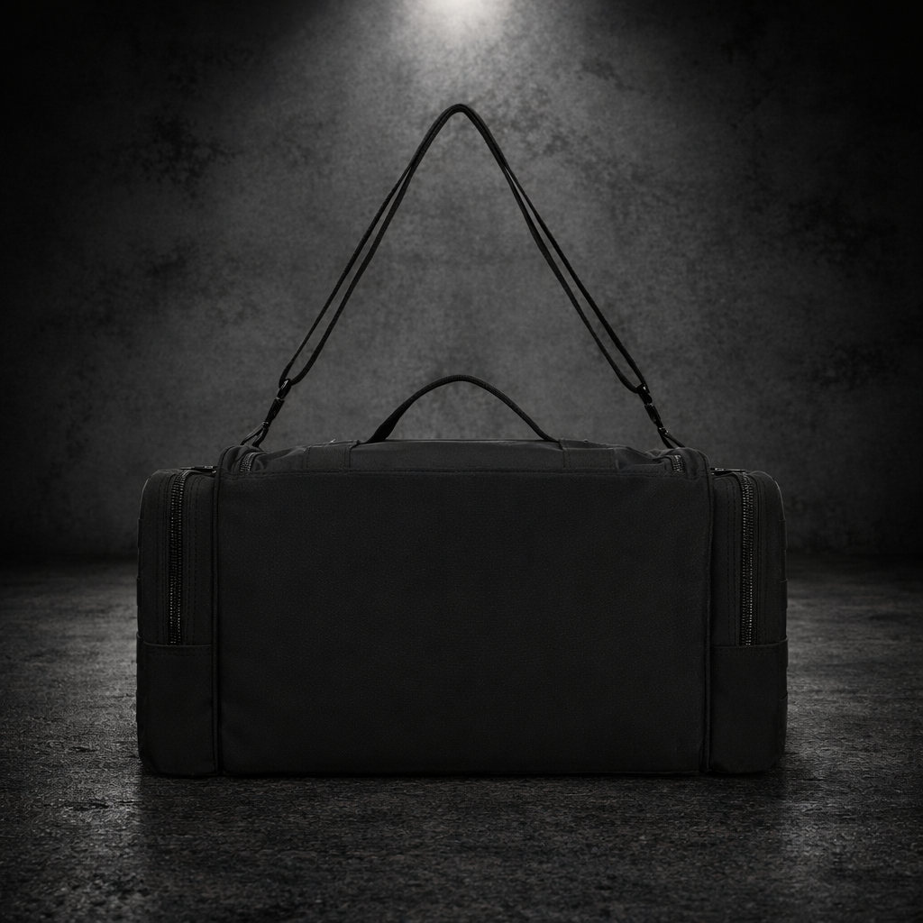 Rear view of tactical duffel bag with shoulder strap showing large capacity design