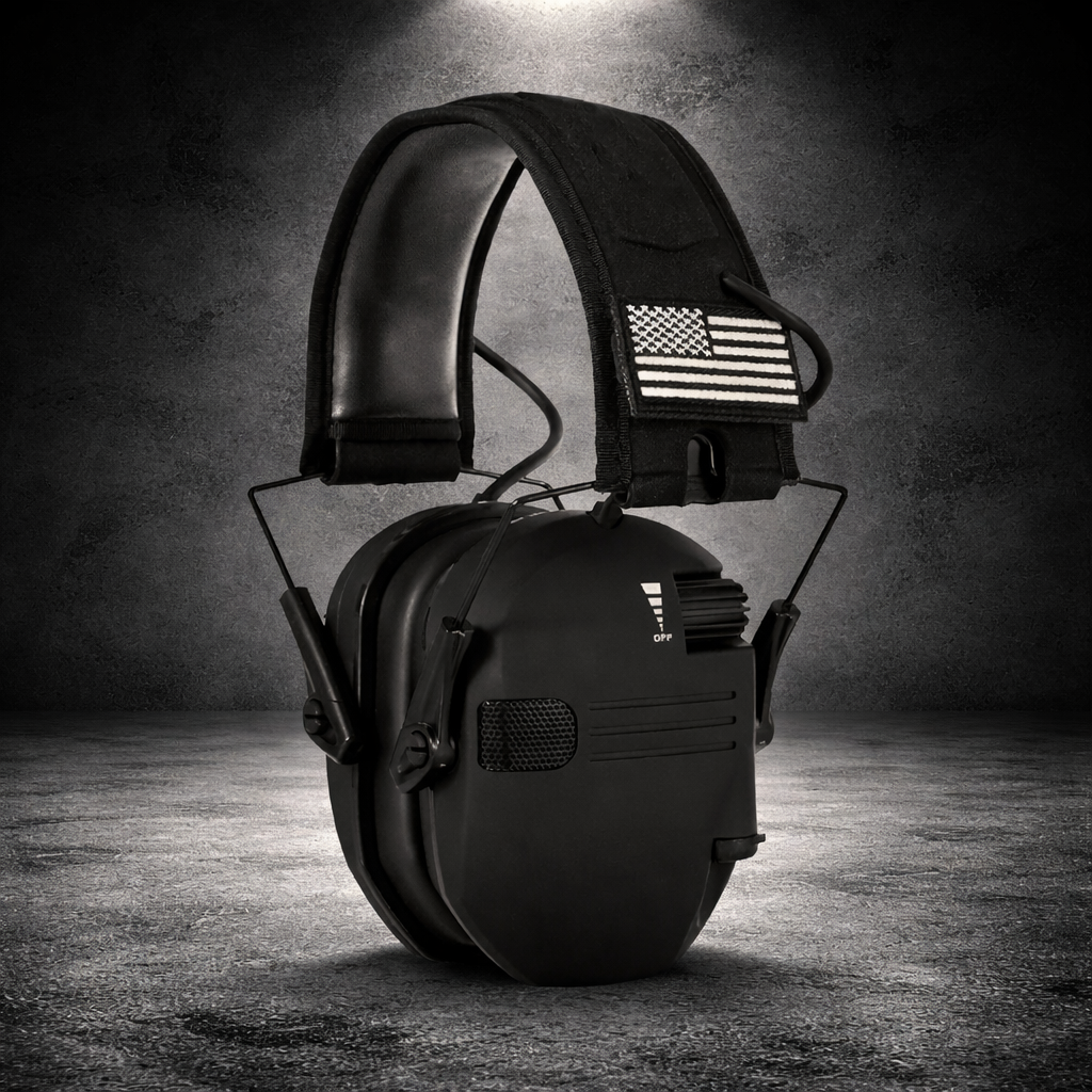 Black tactical earmuffs for hearing protection with padded headband and adjustable fit