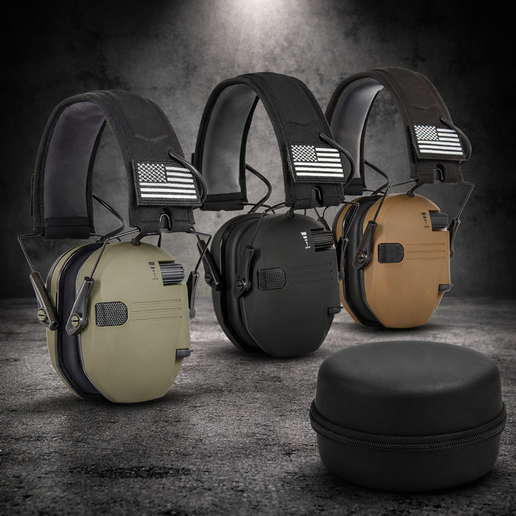 Tactical ear protection earmuffs in multiple colours with included carry case