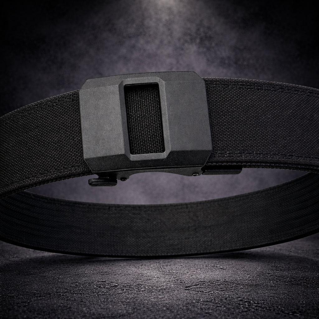 Black tactical EDC belt with reinforced webbing and quick-release buckle on dark textured background