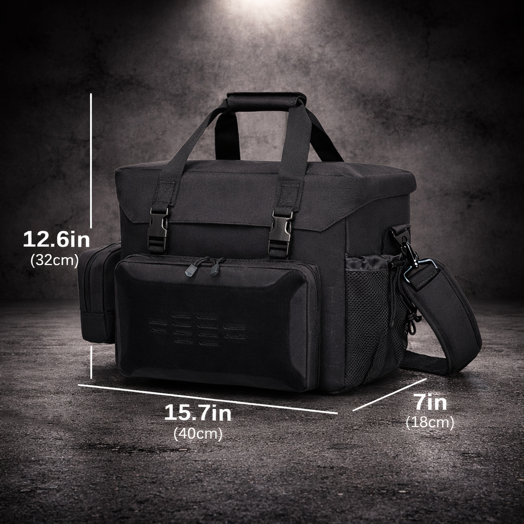 Tactical insulated cooler bag showing dimensions and size for storage capacity