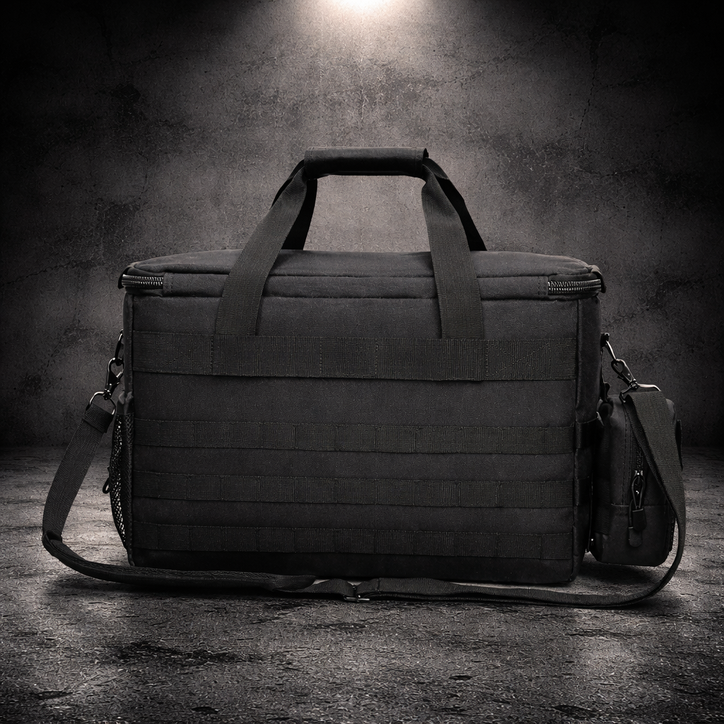 Rear view of tactical insulated cooler bag showing MOLLE webbing panel and carry handles
