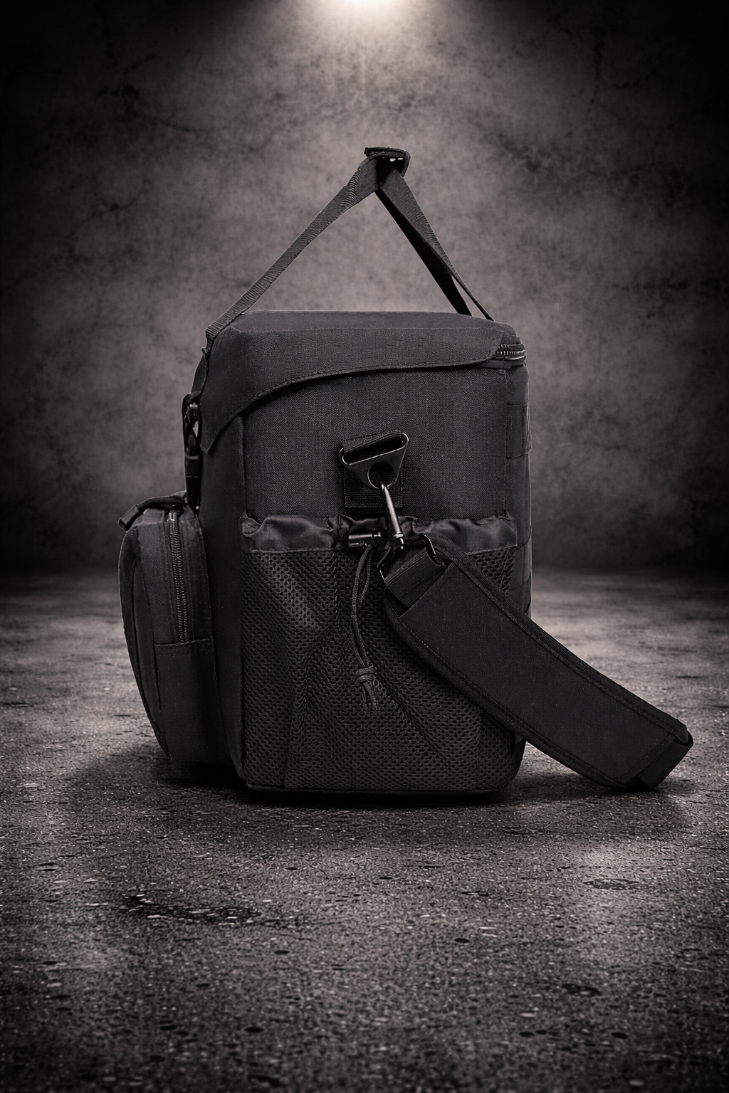 Side view of tactical insulated cooler bag with shoulder strap and external storage pockets