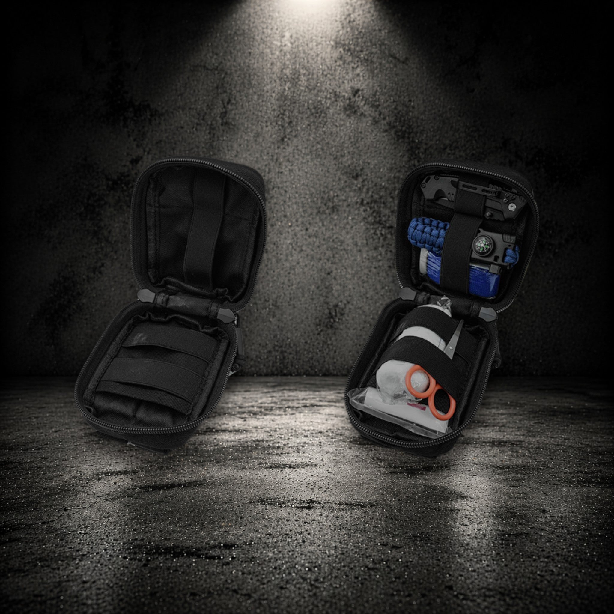 Tactical pouch shown empty and fully loaded with organised gear and accessories