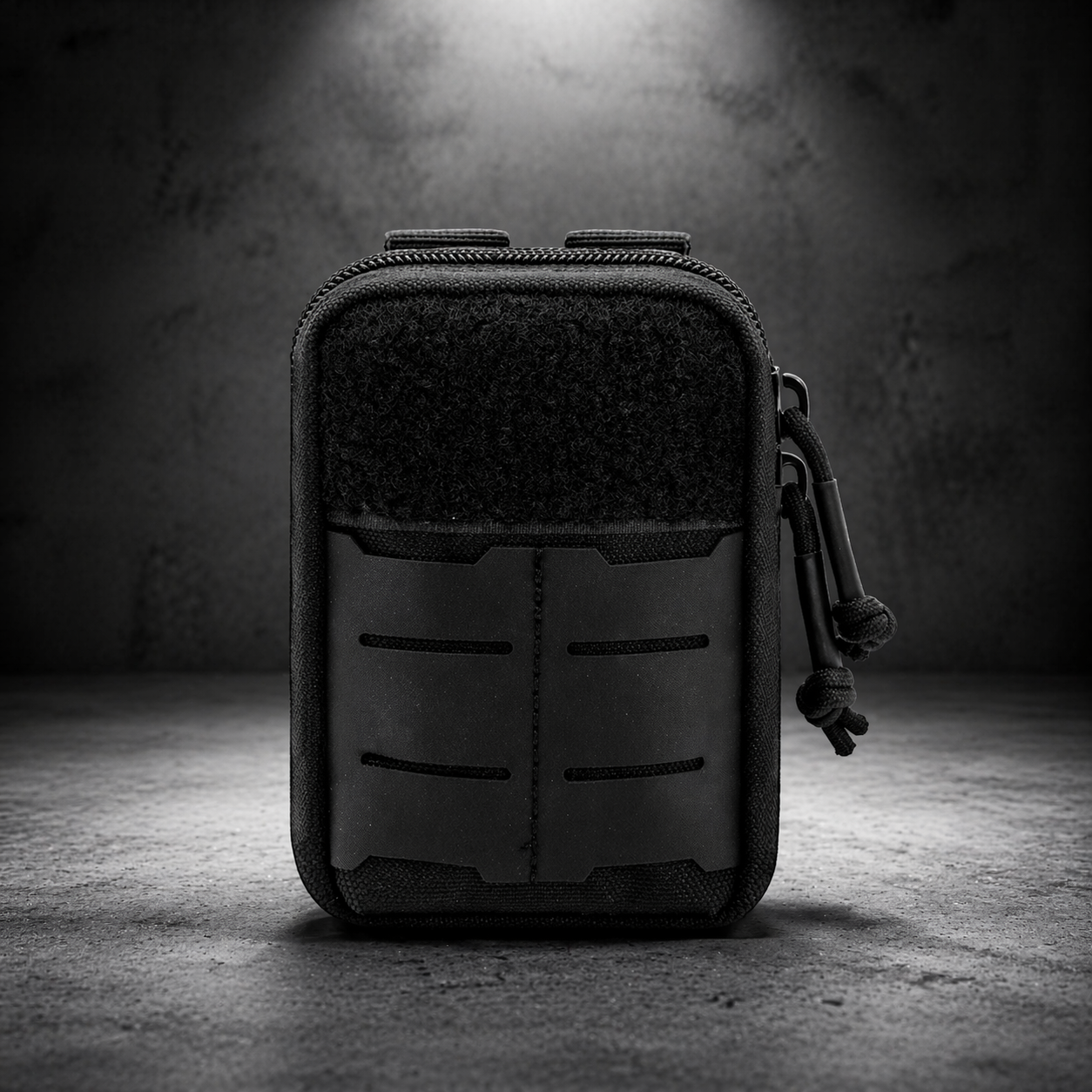 Compact tactical MOLLE pouch in black with hook and loop panel