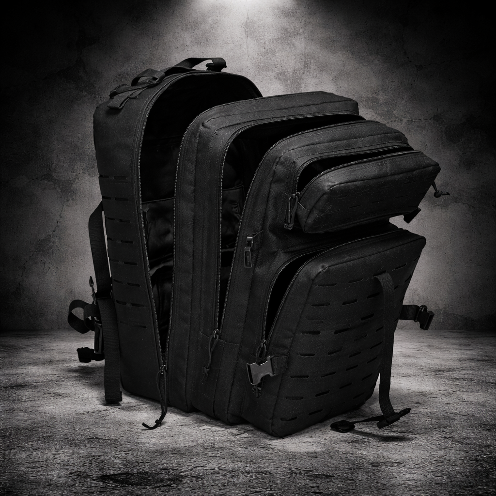 tactical backpack with multiple compartments open showing storage capacity