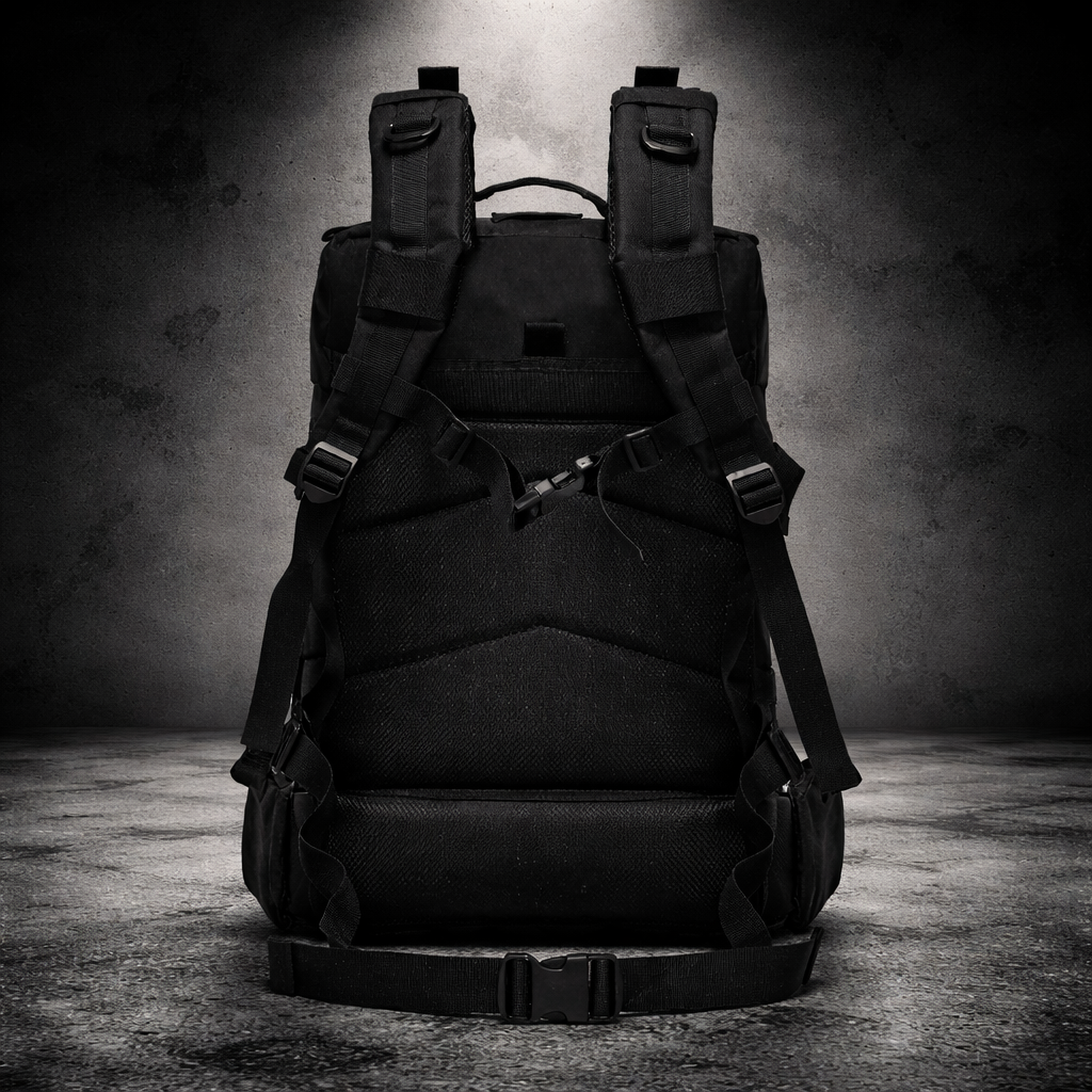tactical backpack back view with padded shoulder straps and support panel