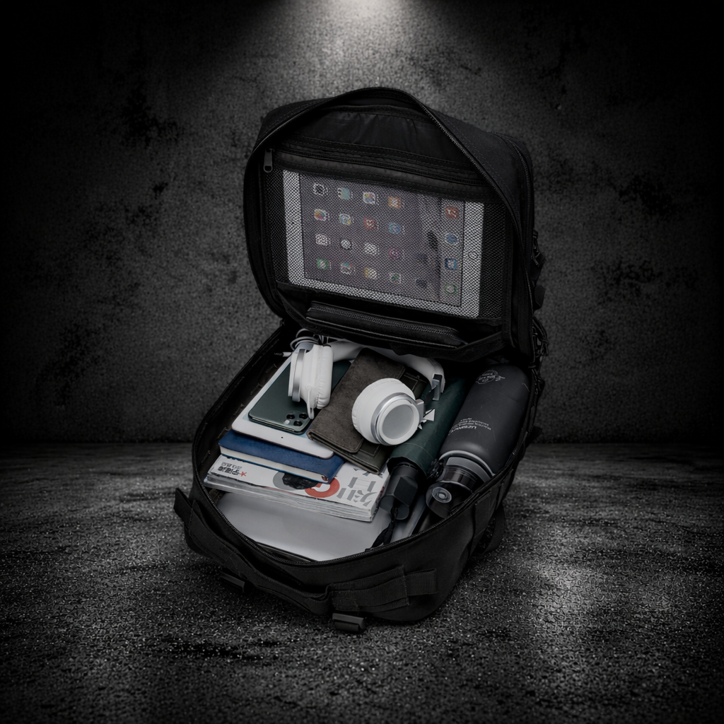 tactical backpack open showing organized storage for everyday carry items