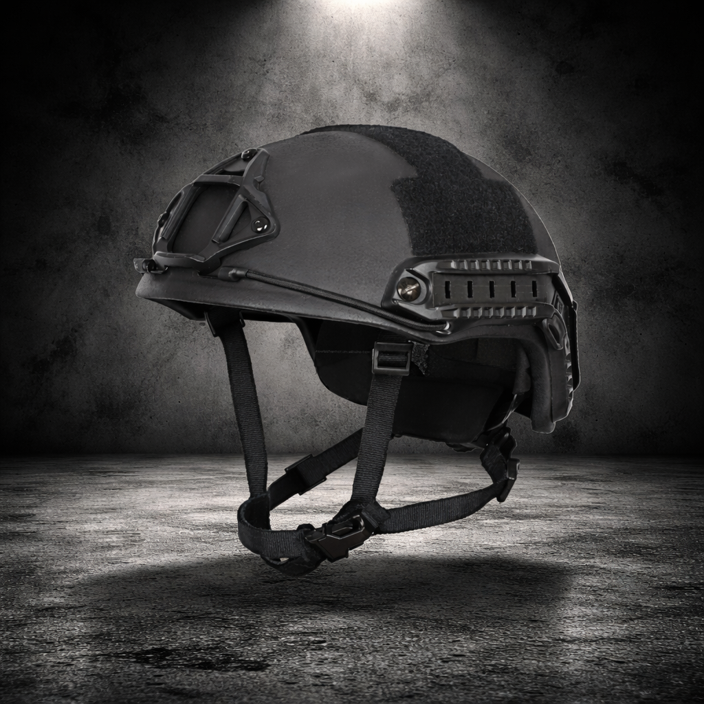 angled view of tactical helmet showing rail system and adjustable chin strap for secure fit and durability