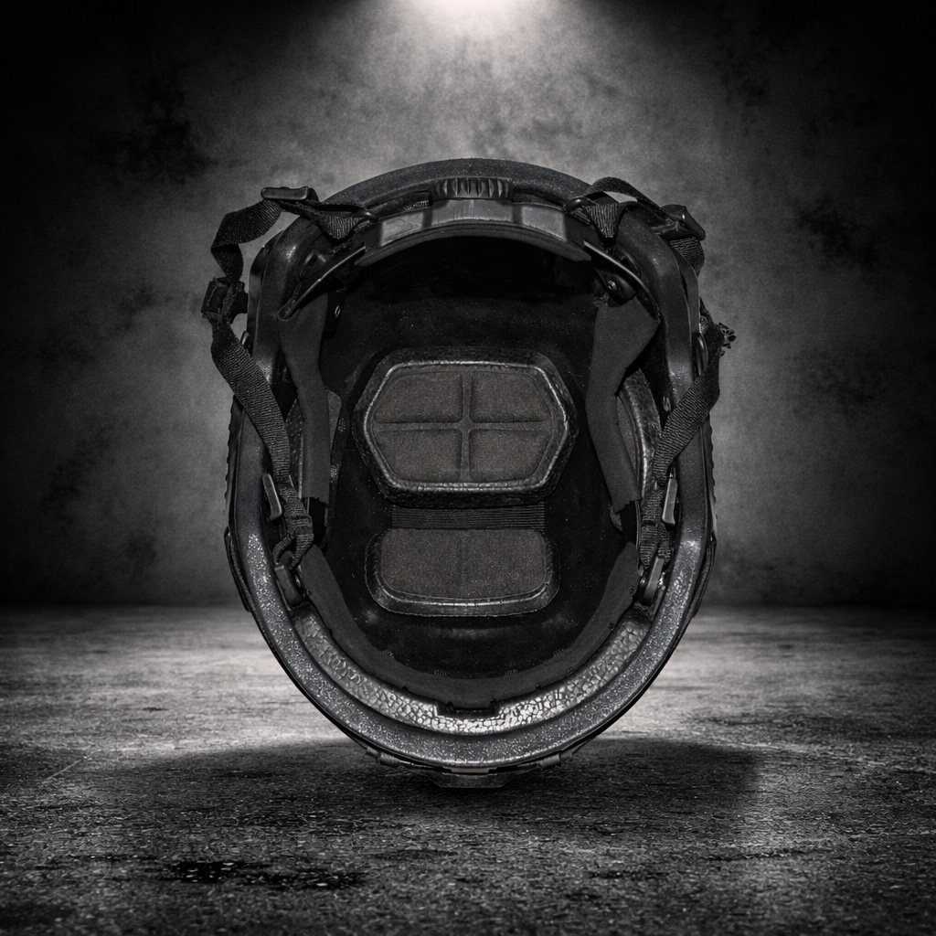 interior of tactical helmet showing padding and adjustable suspension system for comfort and fit