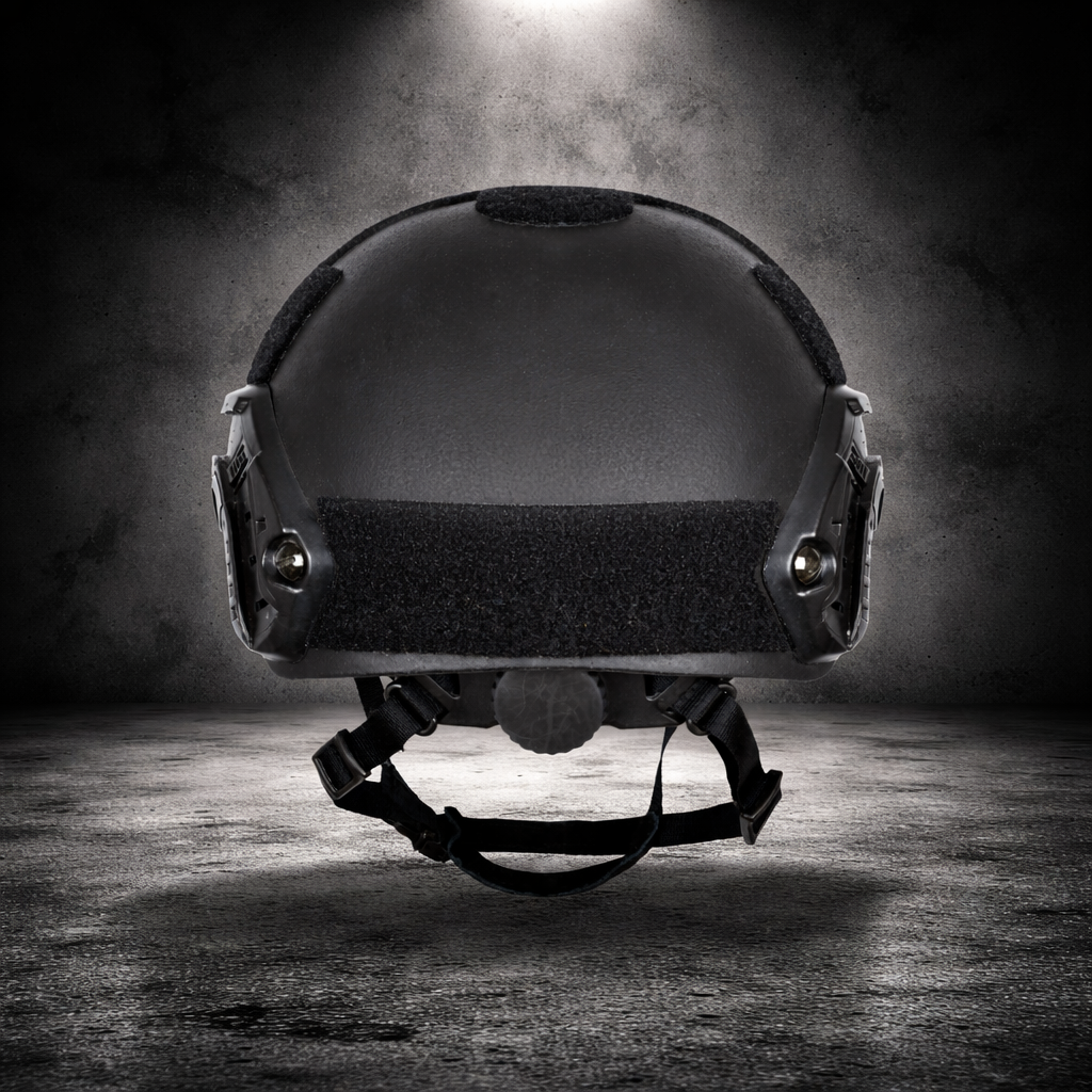 rear view of tactical helmet showing velcro panel and adjustable system for secure fit and accessory attachment