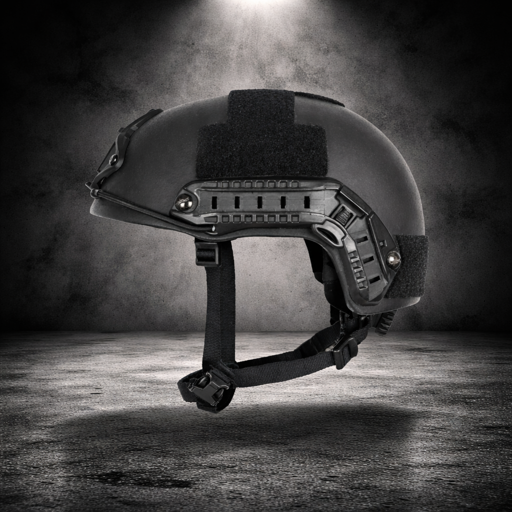 side view of tactical helmet showing rail system and adjustable strap for secure fit and accessory mounting