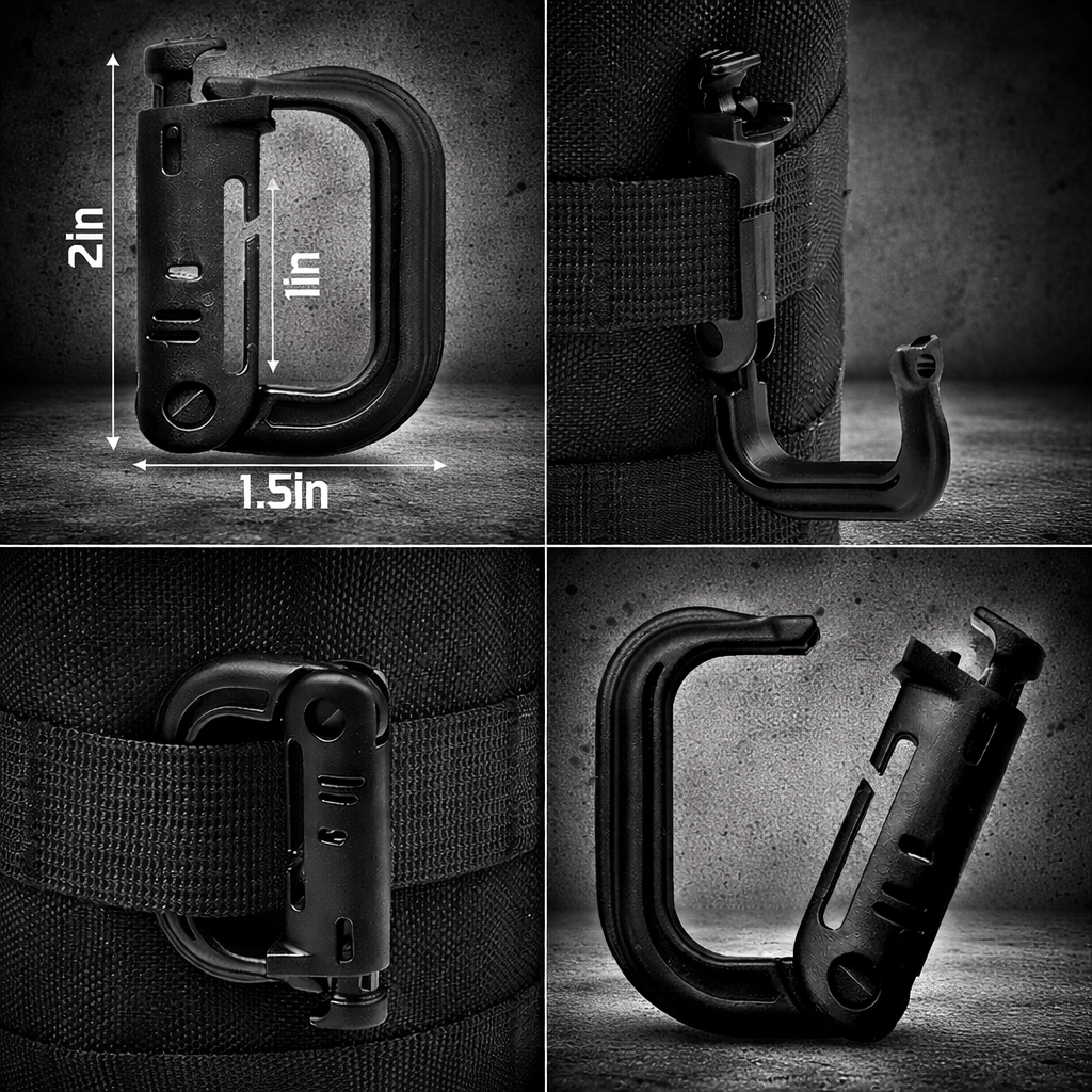 tactical molle carabiner hook attachment clip shown mounted on water bottle holder pouch with size dimensions and usage examples