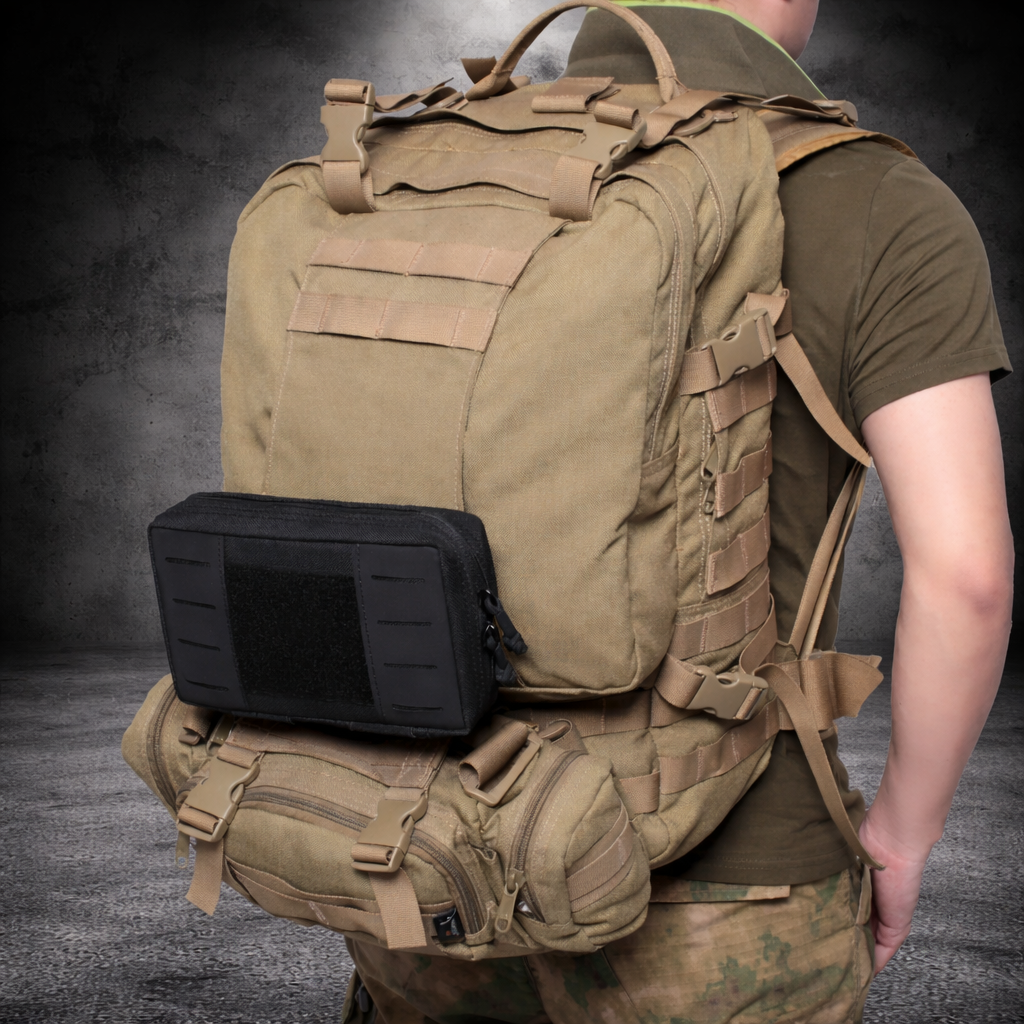 molle medical pouch mounted on tactical backpack rear setup
