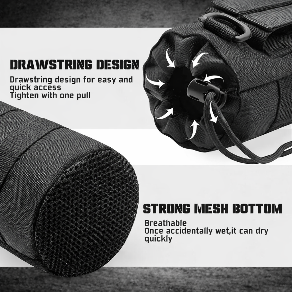 tactical molle water bottle holder pouch showing drawstring closure system and breathable mesh bottom for drainage and quick drying