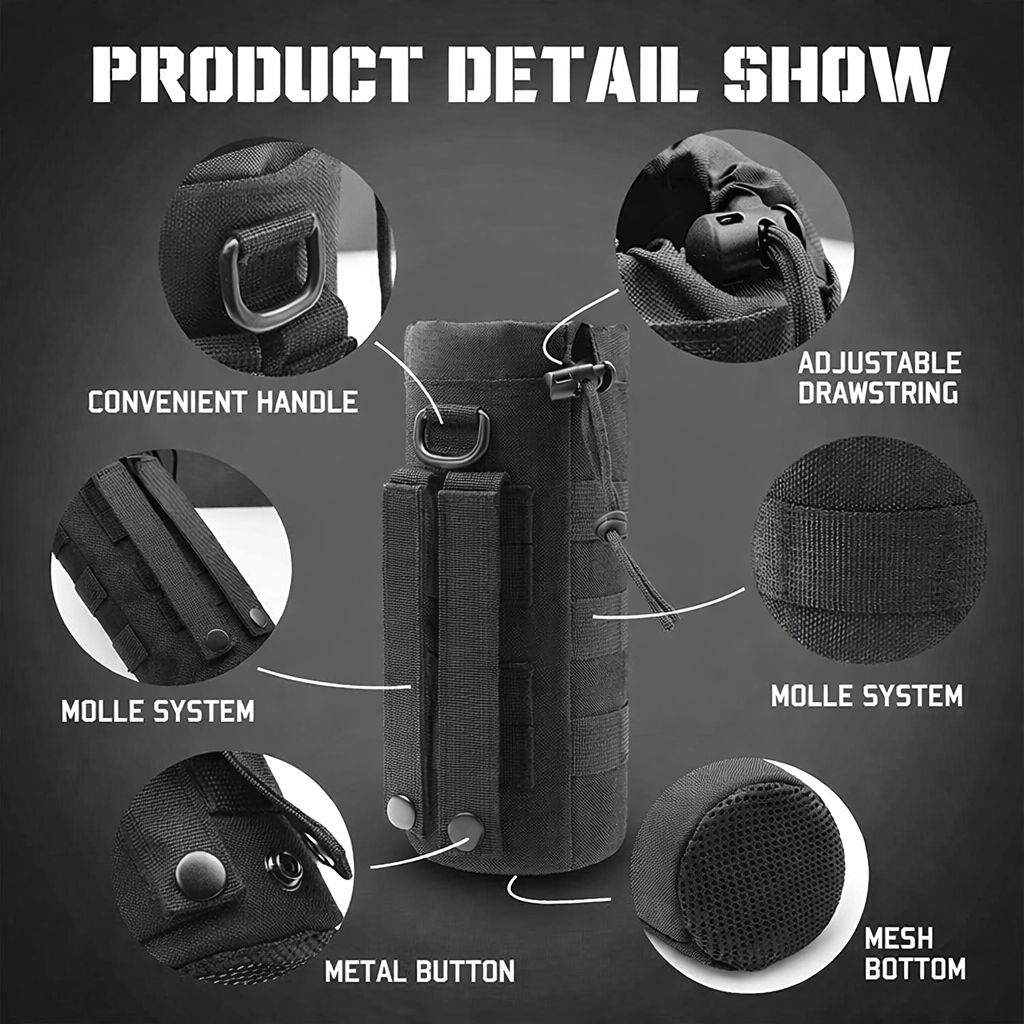 tactical molle water bottle holder pouch showing features including adjustable drawstring mesh bottom molle attachment system and carry handle