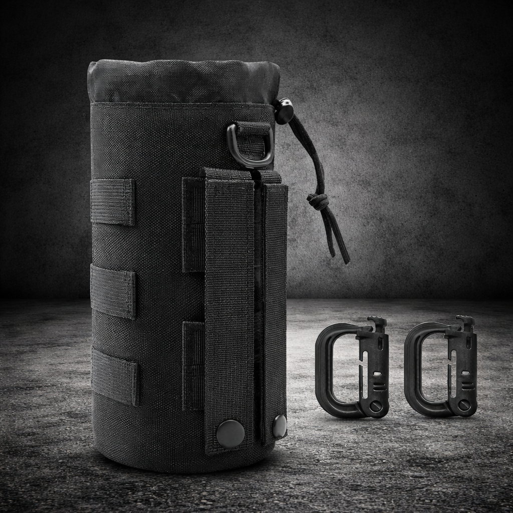 tactical molle water bottle holder pouch with included carabiner attachment clips shown for modular gear mounting