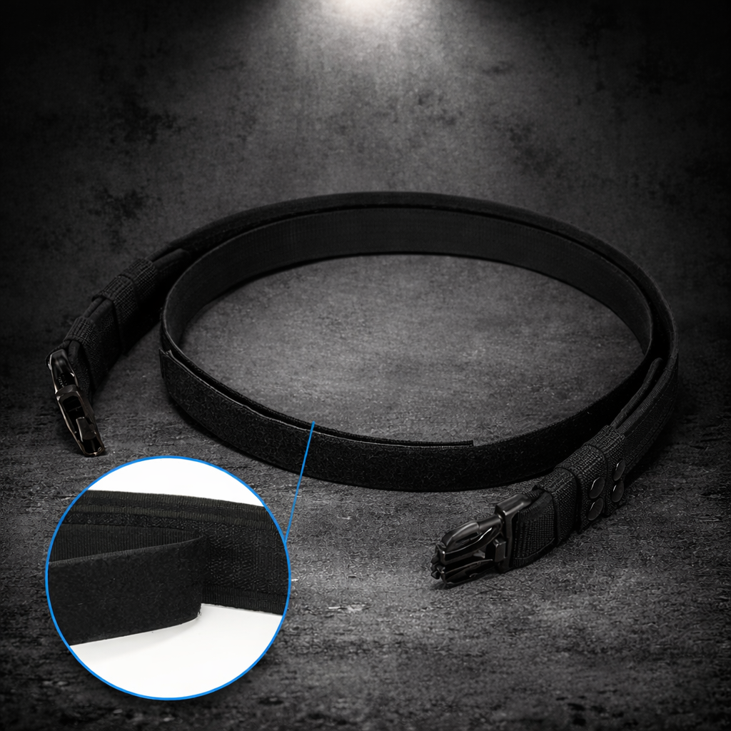 black tactical outer duty belt with quick release buckle and inner velcro lining shown with close up detail of material