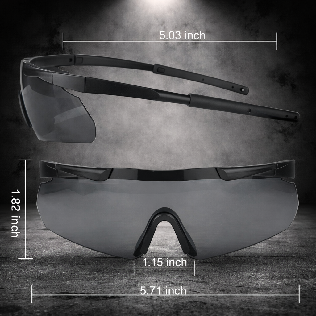 tactical sunglasses dimensions showing size and fit for lightweight sport eyewear