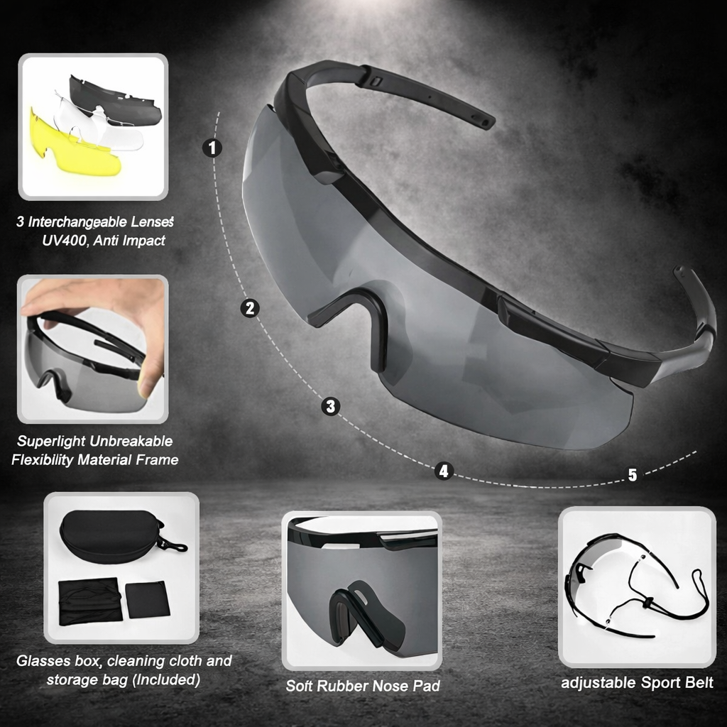tactical sunglasses with interchangeable lenses uv400 protection and impact resistance
