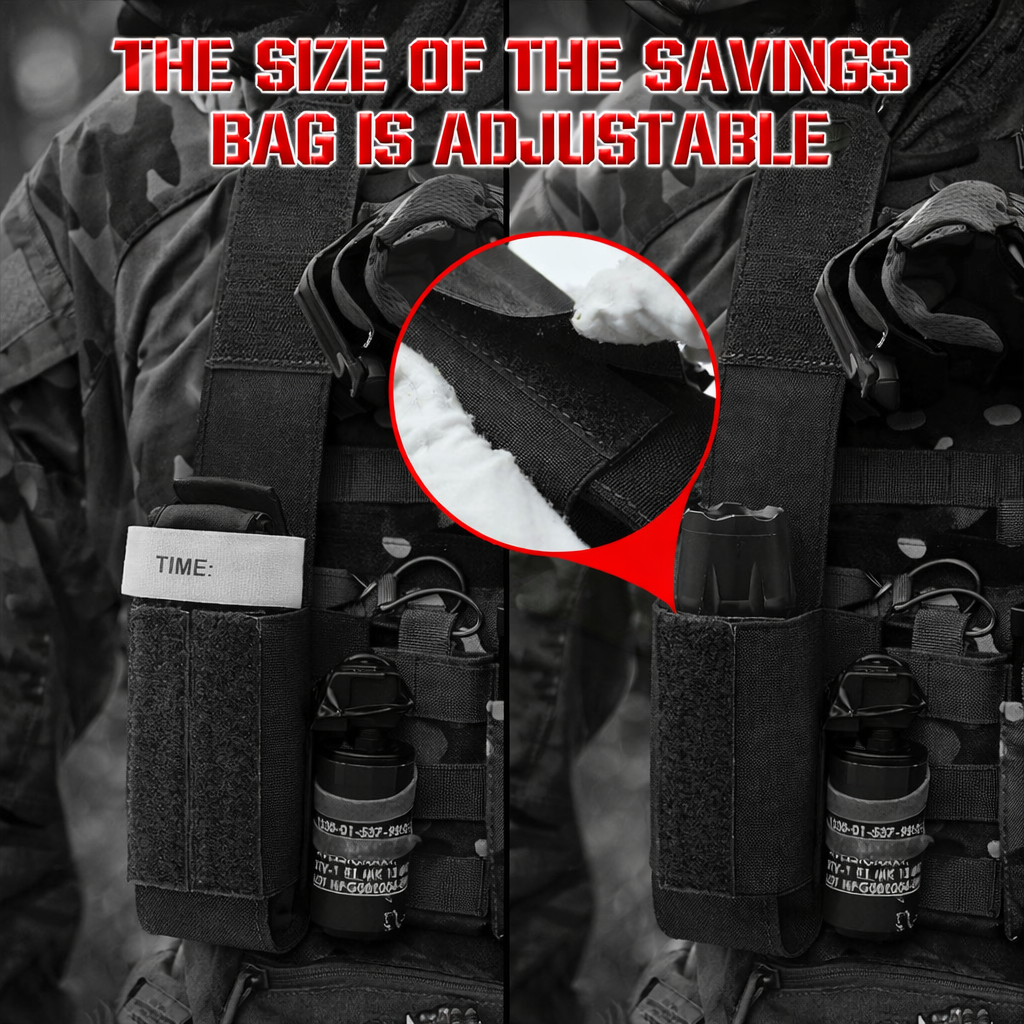 Adjustable tourniquet holder attached to tactical vest MOLLE system with secure strap detail