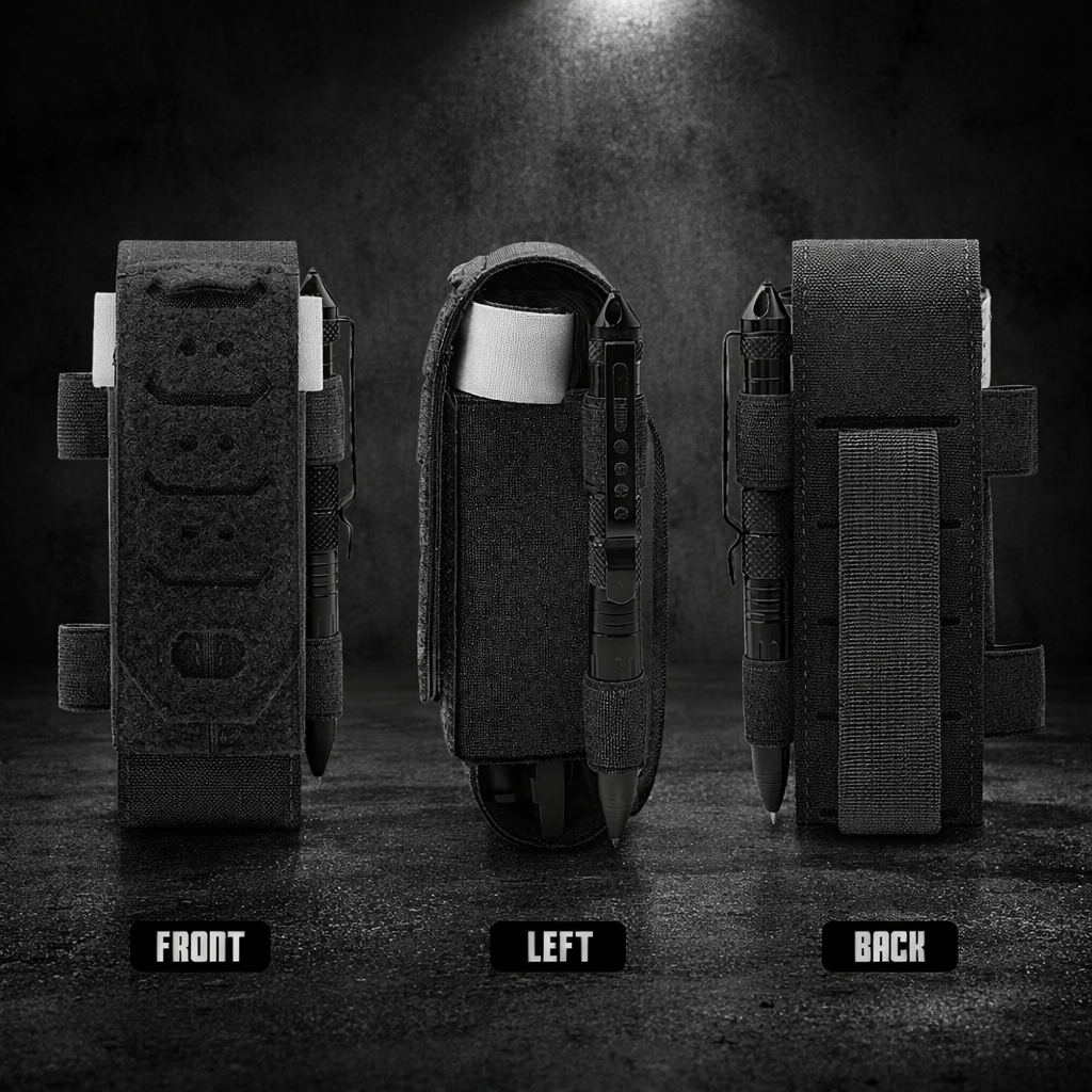 Tourniquet holder shown from front, side and back views with MOLLE attachment system