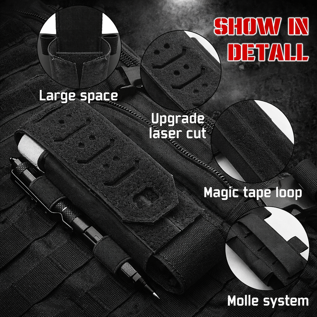 Tourniquet holder showing laser cut MOLLE, hook and loop strap, and adjustable storage capacity