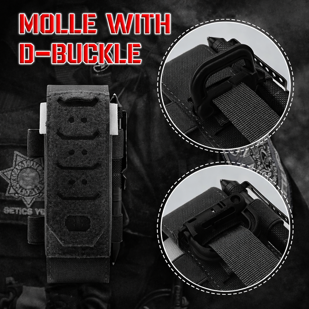 MOLLE tourniquet holder with D-buckle attachment system mounted on tactical vest