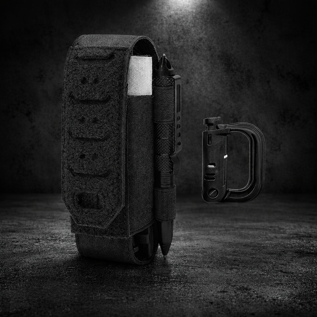 Tourniquet holder with MOLLE attachment and D-buckle shown in clean product display